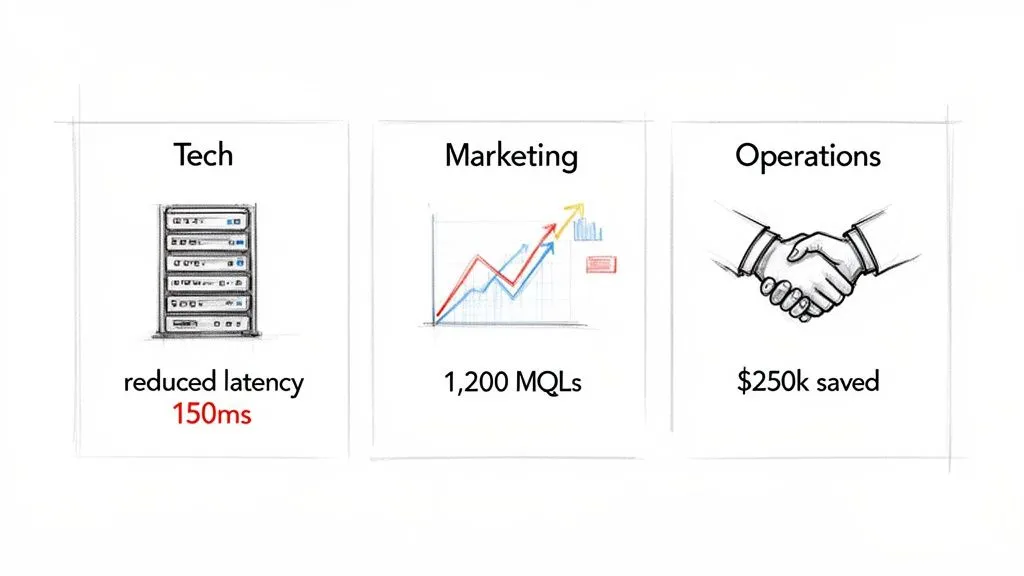 Visual representation of business metrics: Tech reduced latency to 150ms, Marketing achieved 1,200 MQLs, Operations saved $250k.
