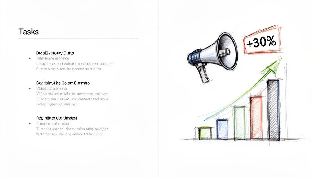 Presentation slide displaying tasks, a megaphone, a bar chart showing 30% growth, and an upward arrow.