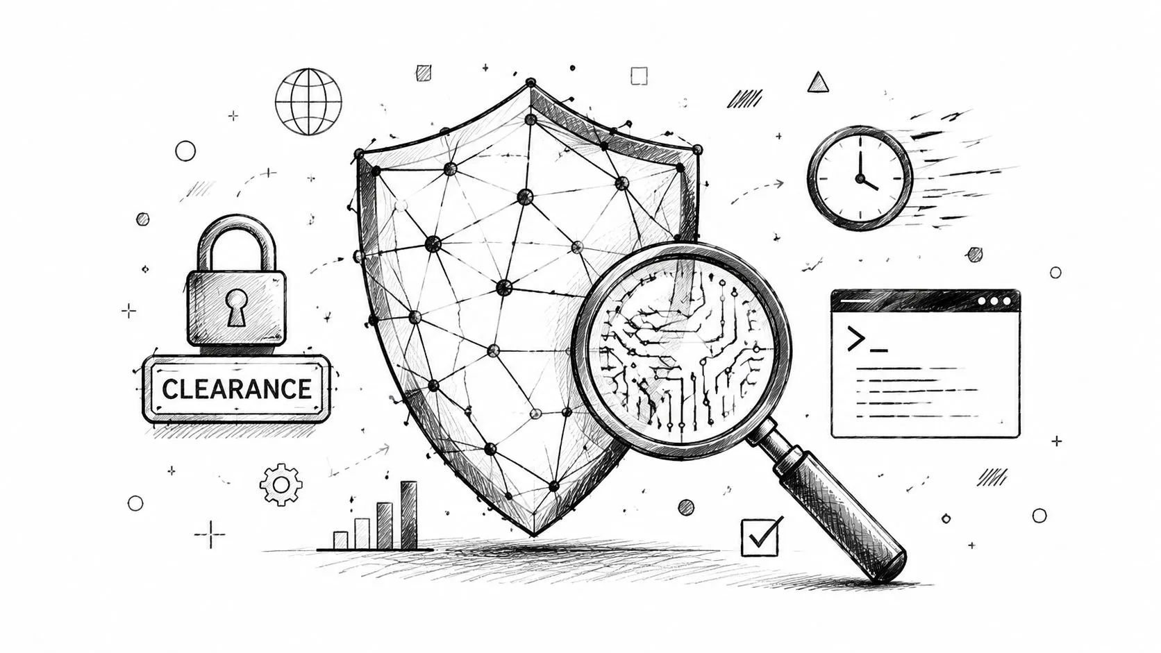 A pencil sketch illustration showing a shield, padlock, magnifying glass, and computer code symbols representing cybersecurity.