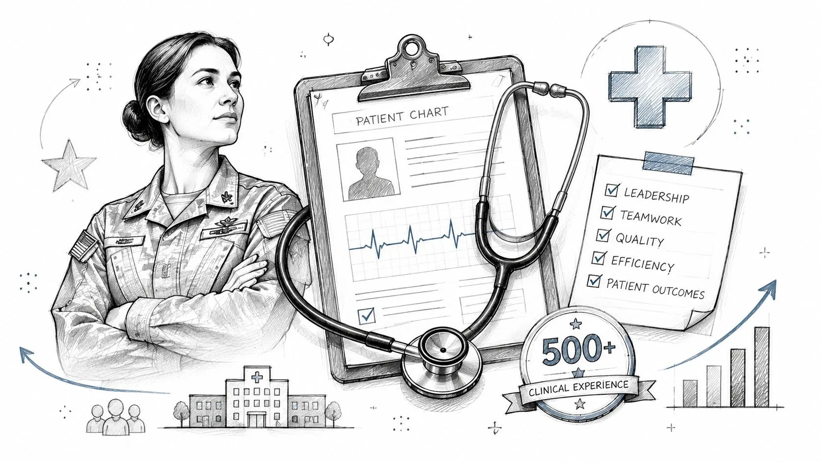A pencil sketch of a military nurse standing confidently next to a patient chart and medical stethoscope.