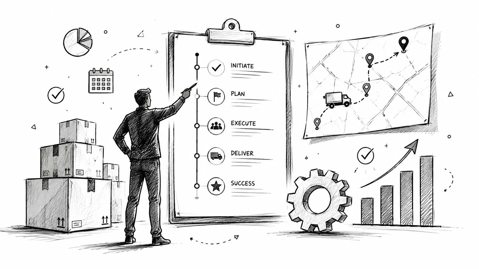 A professional manager pointing to a logistics project management process chart with shipping boxes and growth graphs.