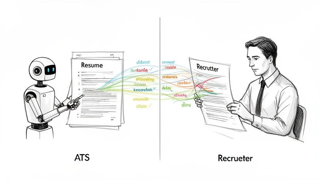 An ATS robot processes a resume, matching keywords to a recruiter's job requirements.