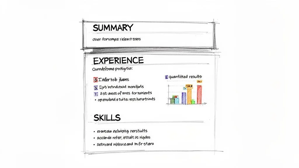A hand-drawn sketch of a professional resume summary with sections for achievements and skills.