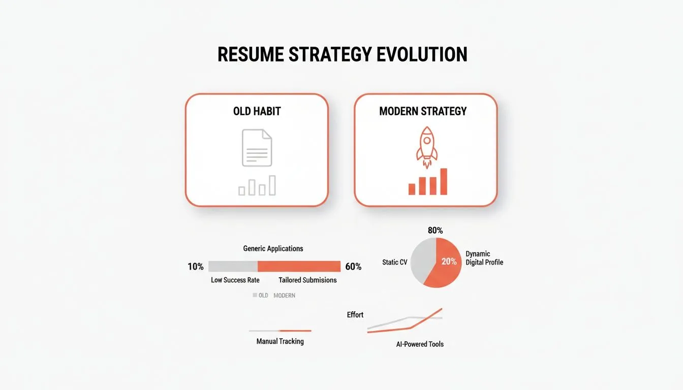 Infographic showing the evolution of resume strategies from old habits like generic applications to modern, tailored approaches with AI tools.