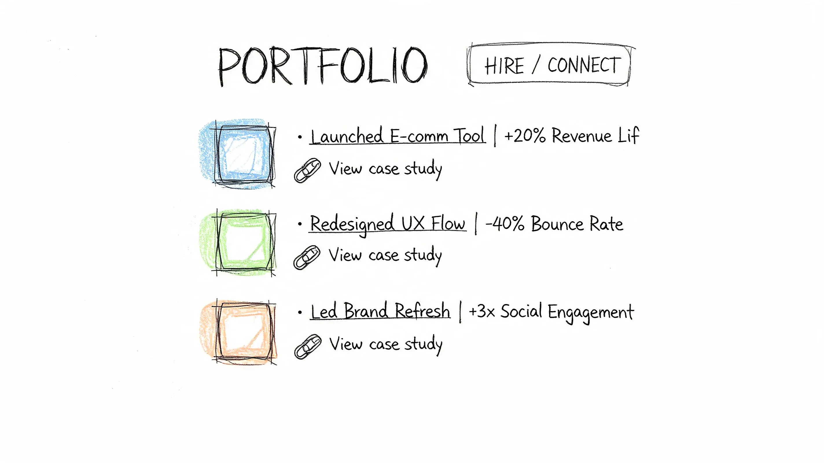 A hand-drawn style portfolio list showing three professional project achievements with corresponding view case study links.