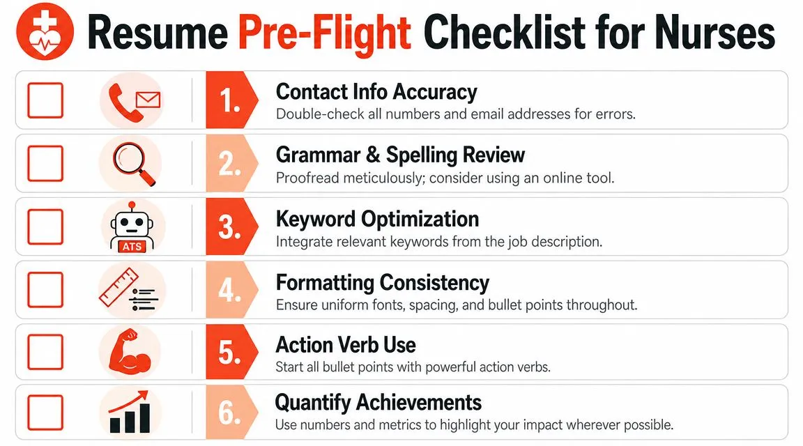 A six-point infographic titled Resume Pre-Flight Checklist for Nurses, outlining essential steps for job applications.