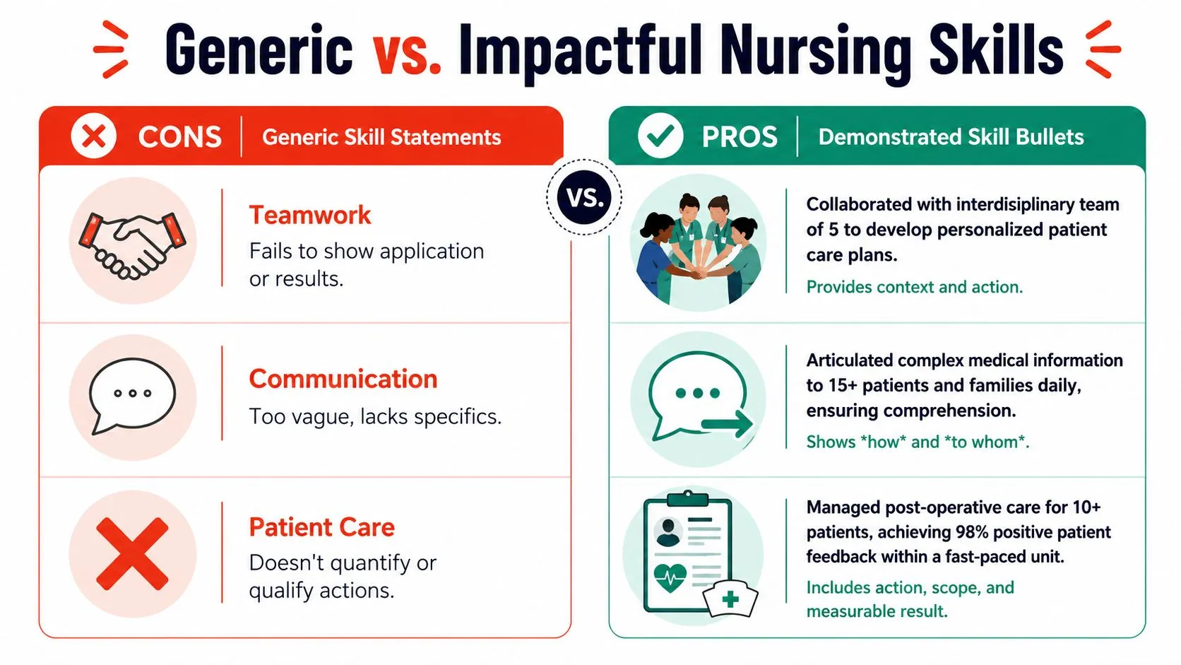 A comparison chart showing how to improve nursing resume skills by moving from generic statements to impactful, measurable bullet points.
