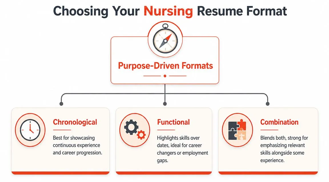 An infographic showing three main types of nursing resume formats: chronological, functional, and combination, explained for applicants.