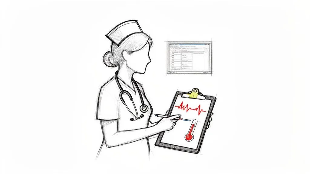 A sketch of a nurse with a stethoscope, holding a clipboard with medical symbols, representing healthcare documentation.