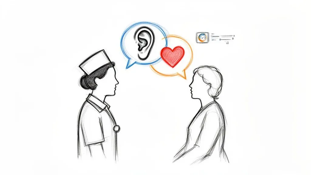 Illustration of a nurse listening to a patient, symbolizing empathy and active communication in healthcare.