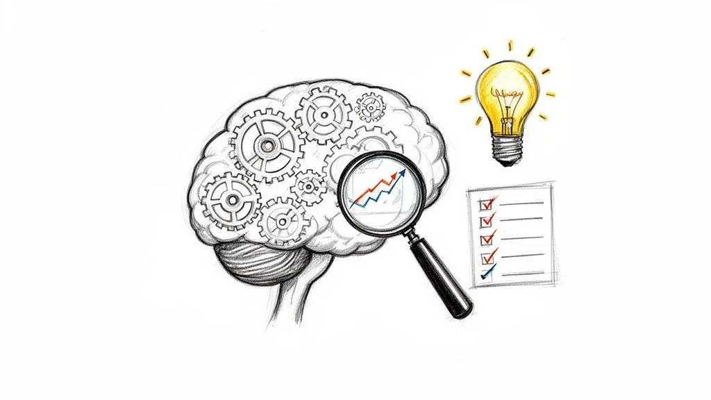 Hand-drawn brain with gears, a magnifying glass on a growth graph, a lightbulb, and a completed checklist.