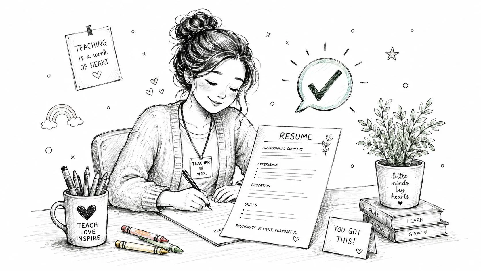 A cheerful teacher writing a resume at a desk surrounded by educational supplies and motivational messages.