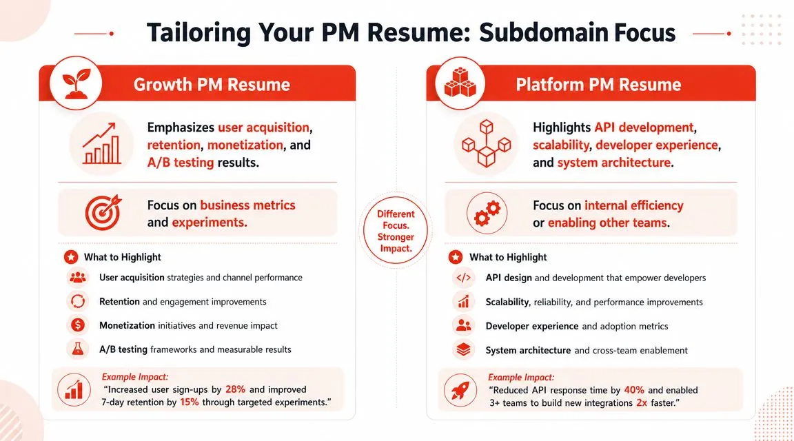 An infographic comparing the focus areas for Growth Product Manager and Platform Product Manager resumes.
