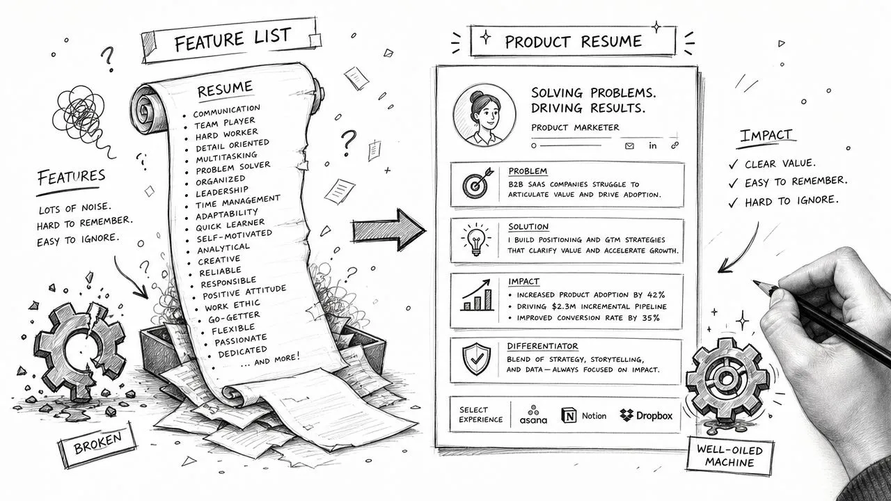 A hand-drawn comparison showing a messy feature-based resume versus an impactful, results-oriented product marketer resume.