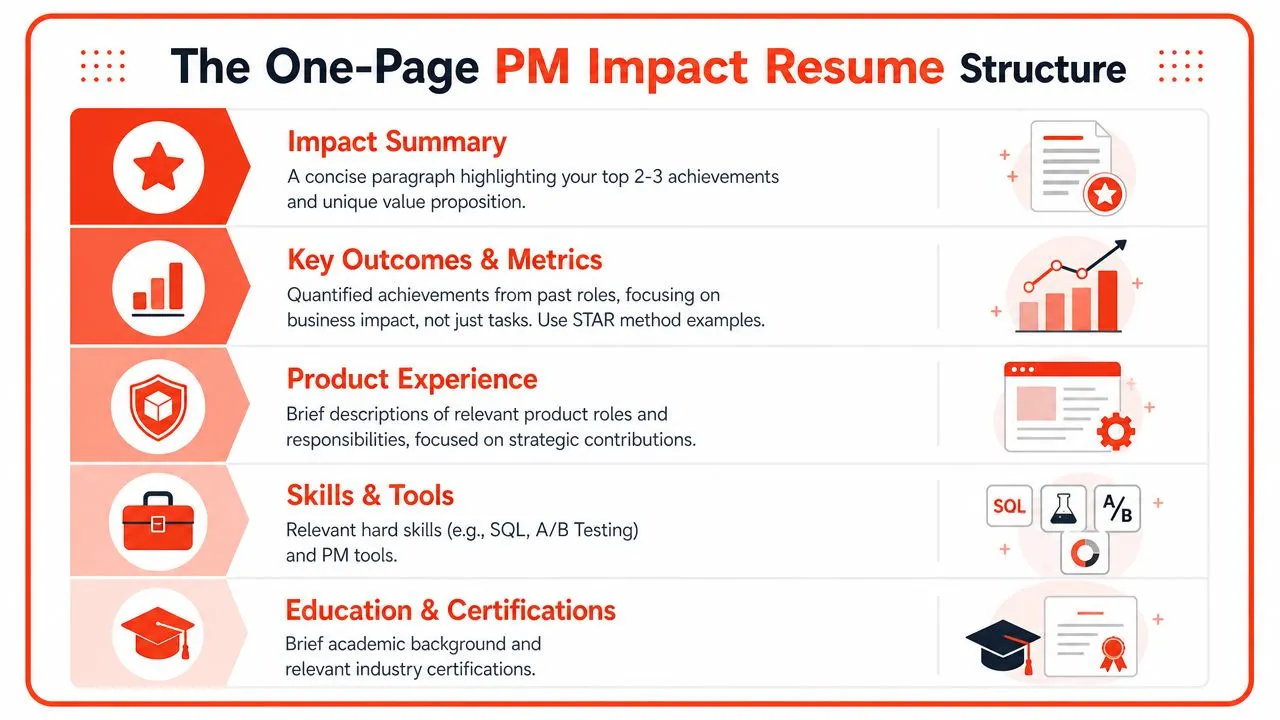 A structured infographic outlining the five essential sections for a one-page product manager impact resume template.