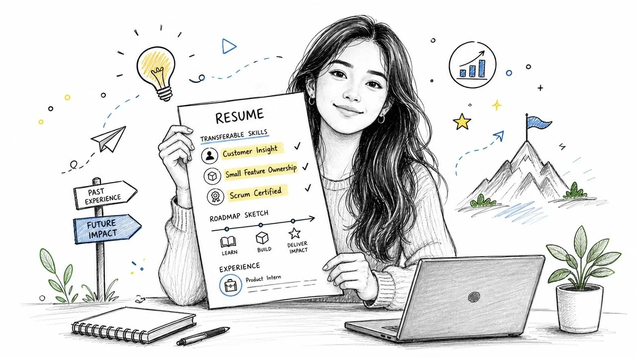 A professional woman displaying a resume featuring transferable skills and a roadmap sketch for career development.