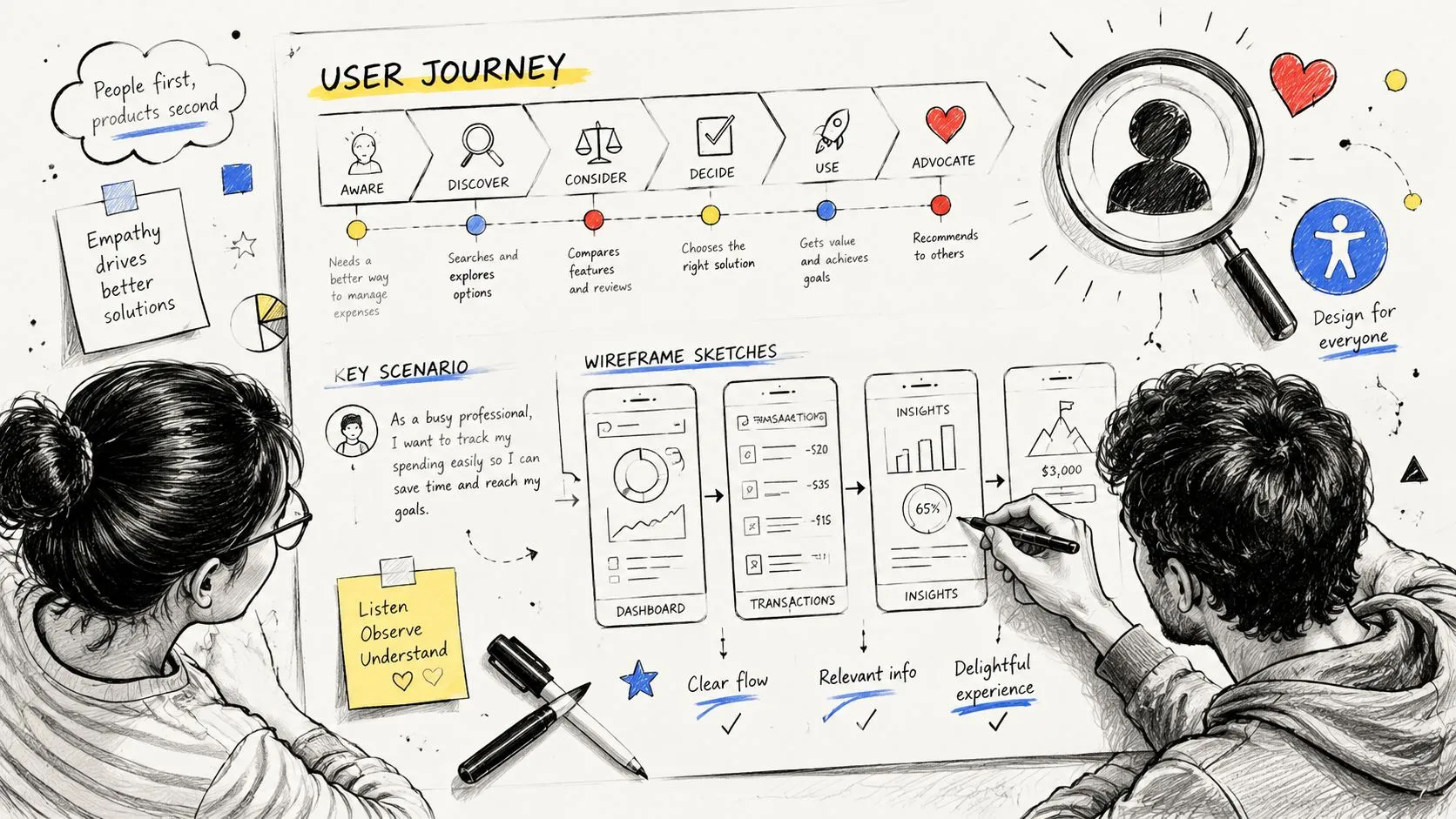 Two designers collaborating on a sketched product design journey map and mobile app wireframes on a whiteboard.
