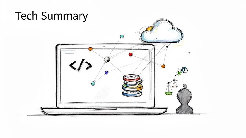 A hand-drawn tech summary slide with a laptop, coding symbols, cloud, data disks, and a figure balancing concepts.