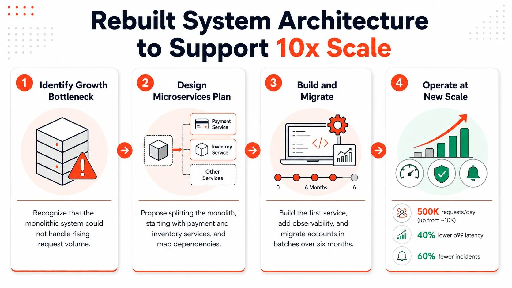 A four-step infographic illustrating a system architecture rebuild to support 10x scale through microservices migration.