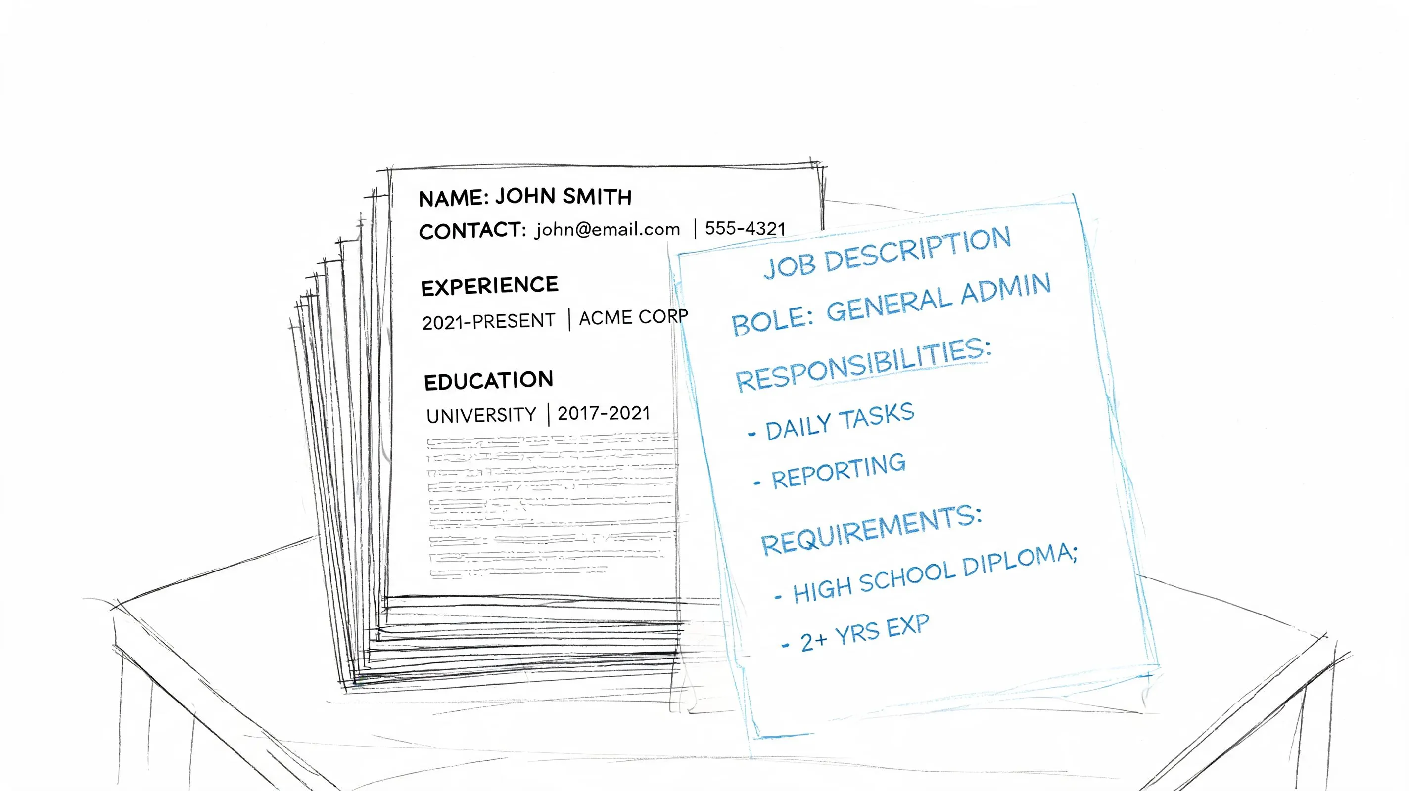 A stack of professional resumes next to a job description for an administrative role on a table.