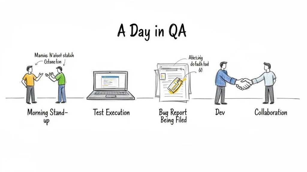 Cartoon illustrating a typical day in QA, including stand-up, test execution, bug reporting, and developer collaboration.