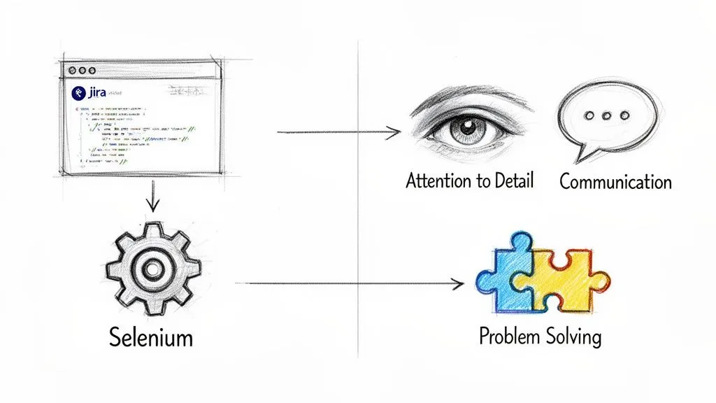 Diagram showing a Jira window and Selenium gear linking to attention to detail, communication, and problem-solving skills.