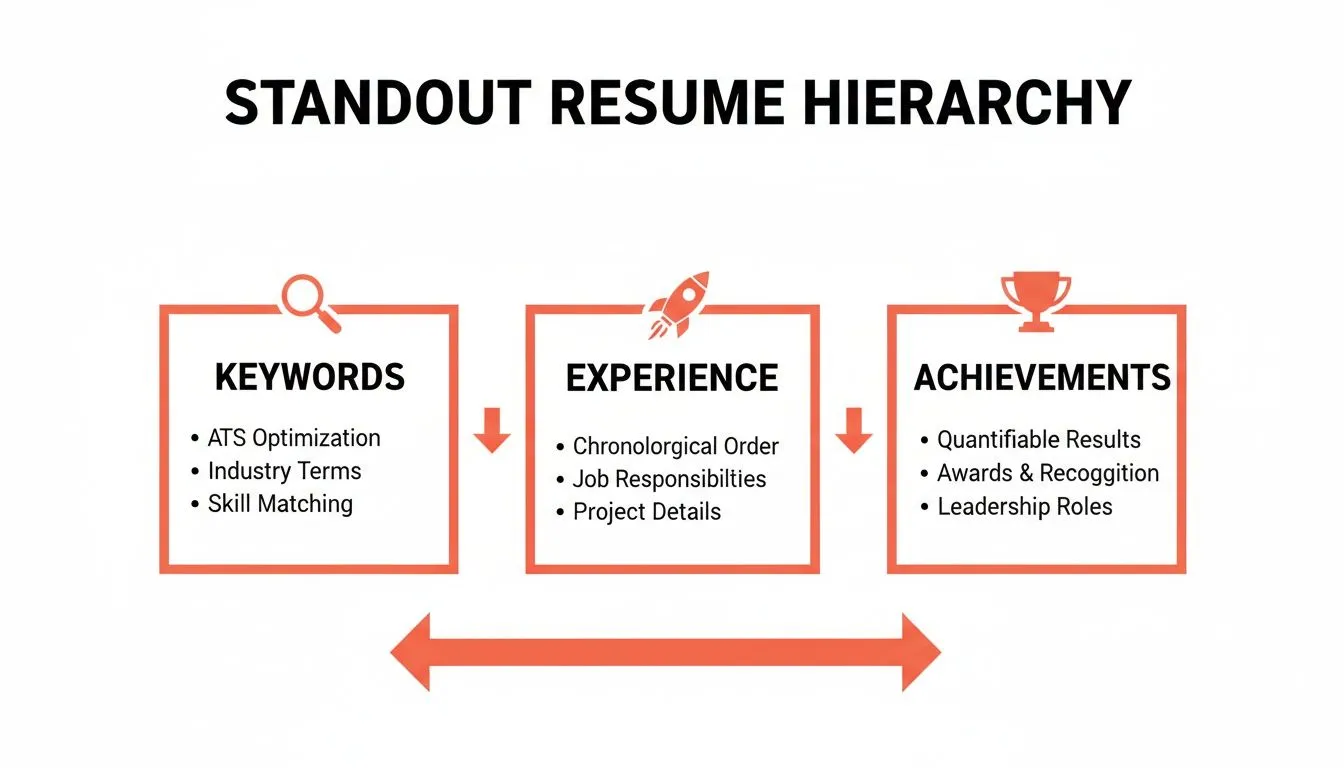 Infographic illustrating a standout resume hierarchy with keywords, experience, and achievements for job seekers.