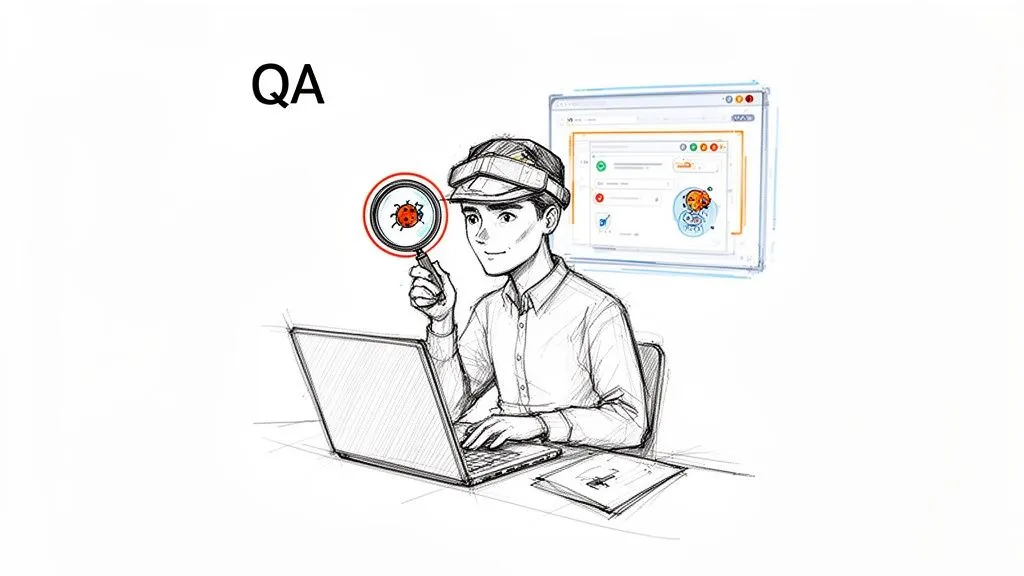 A sketch of a QA tester finding bugs with a magnifying glass while working on a laptop.