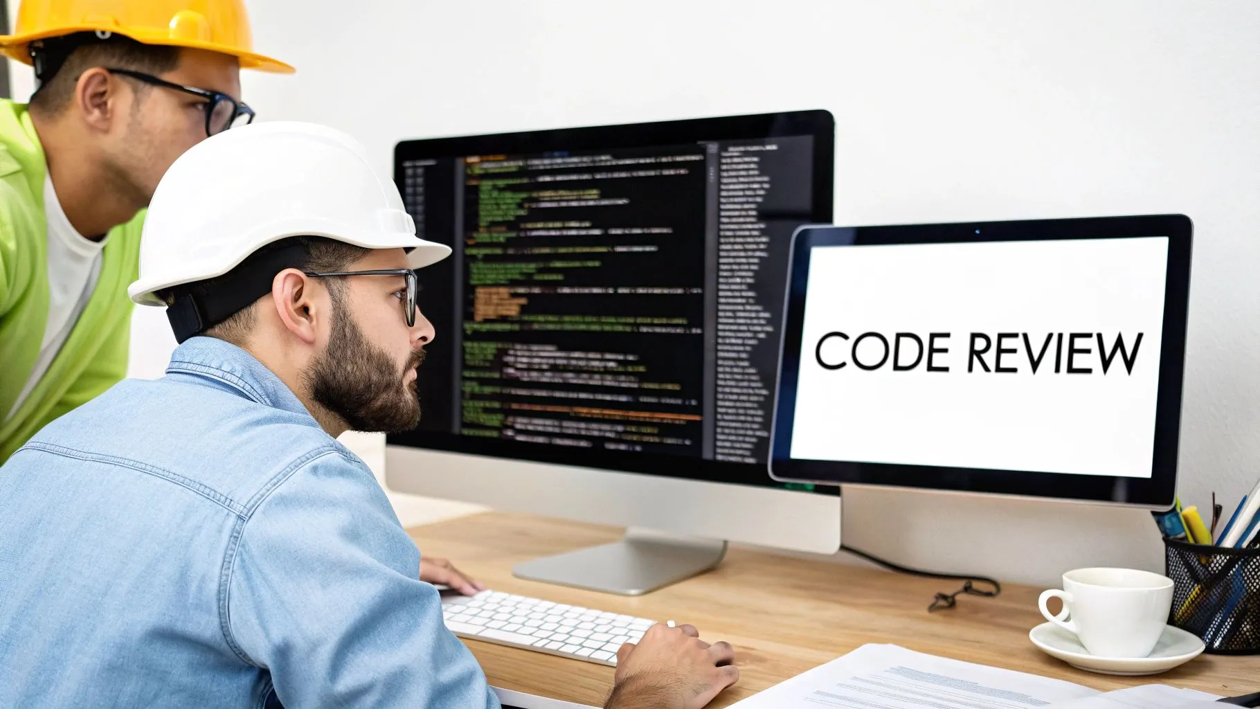 Two engineers in hard hats reviewing code on computer monitors, one screen showing 'CODE REVIEW'.