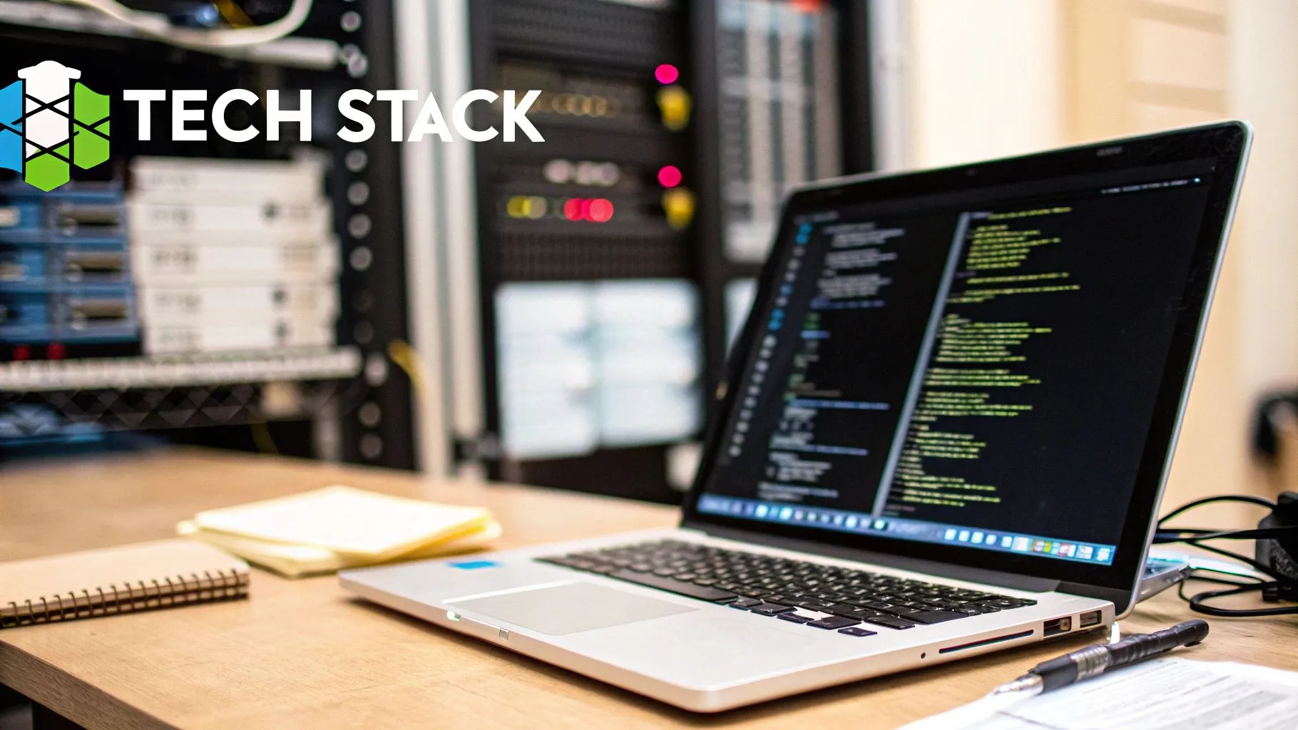 Laptop displaying code on screen, notebook and pen on desk, with server racks in background.