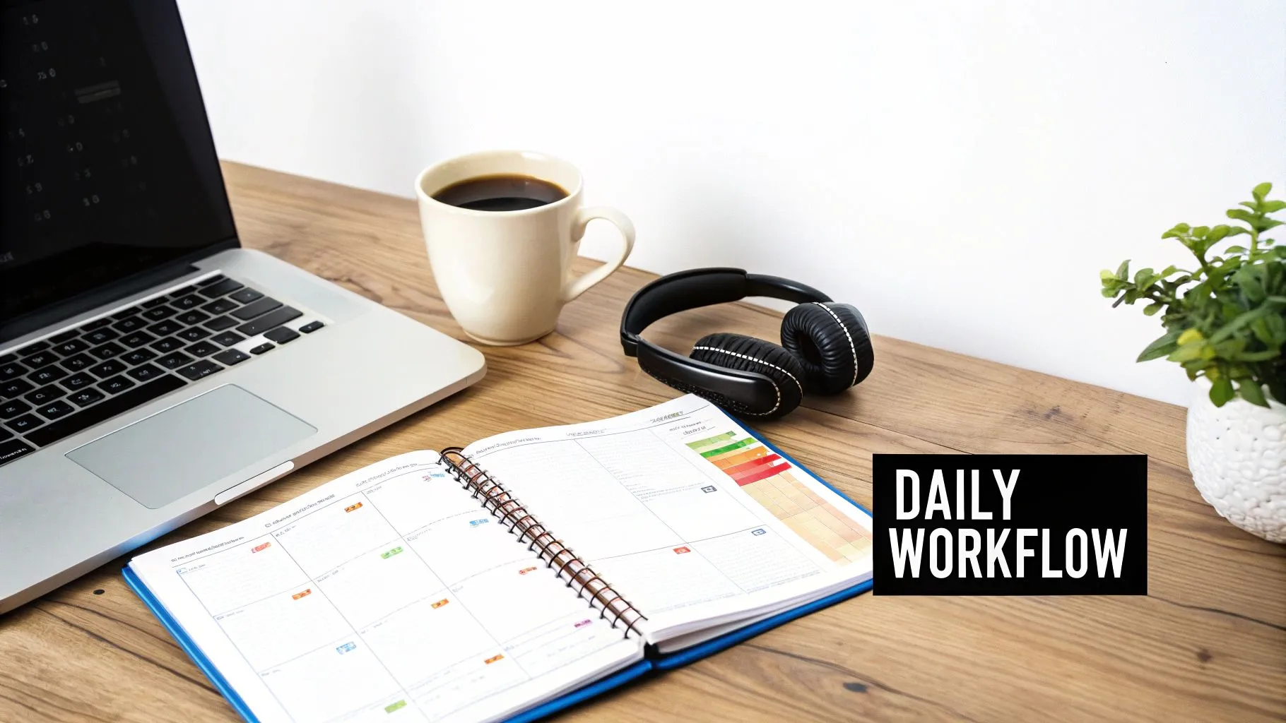 A modern workspace with a laptop, coffee, headphones, and an open planner on a wooden desk, emphasizing daily workflow.