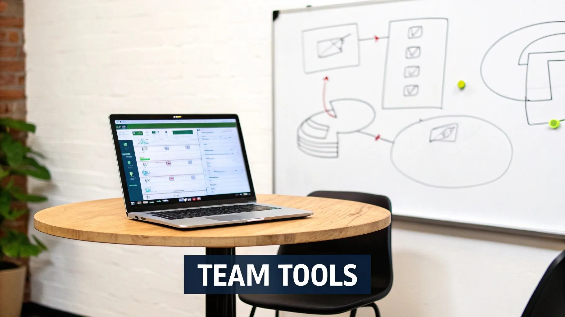 A laptop displaying team collaboration software on a wooden table in a modern office with a whiteboard.