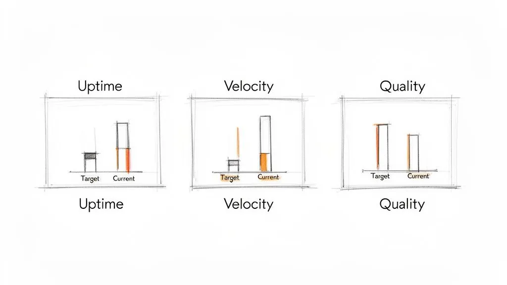 Three hand-drawn bar charts comparing target and current performance for uptime, velocity, and quality.