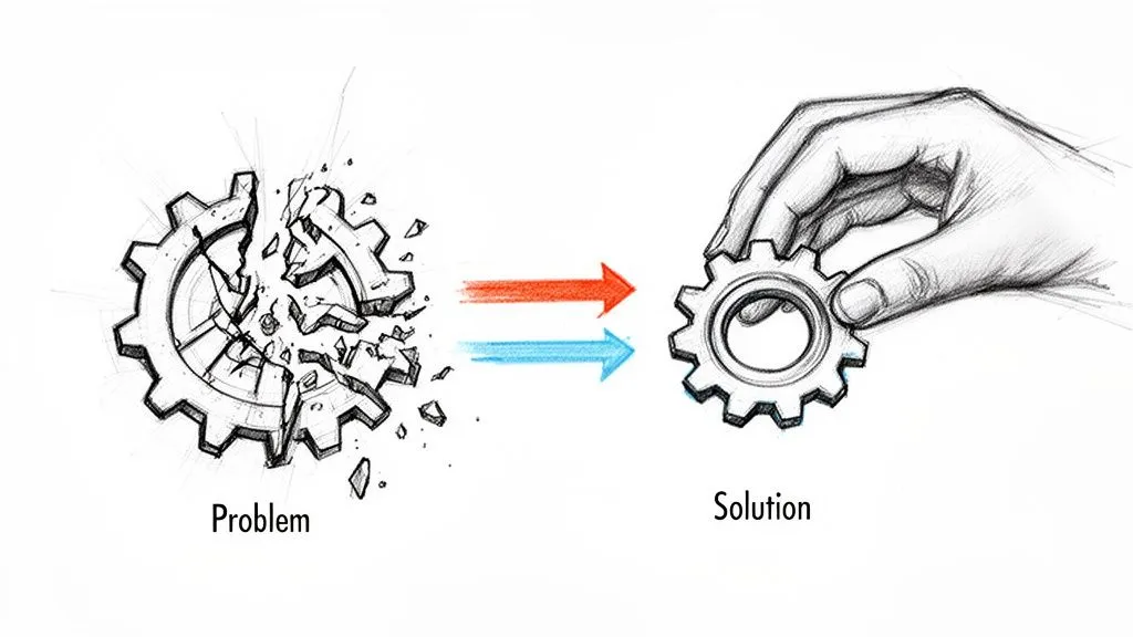 A broken gear labeled 'Problem' transforms into a complete gear held by a hand, labeled 'Solution'.