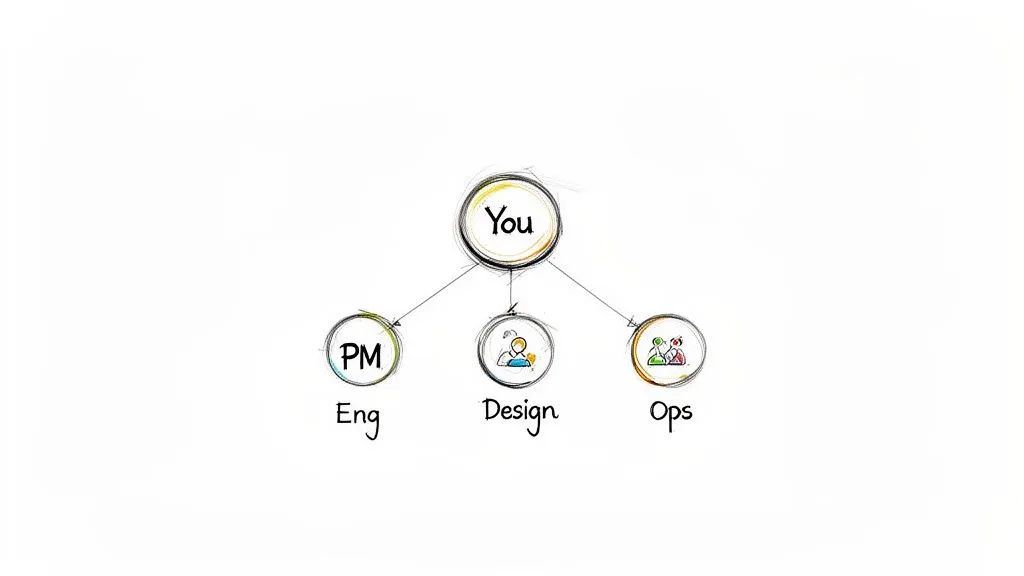 A diagram illustrating 'You' at the center, connected to 'PM Eng', 'Design', and 'Ops' roles.