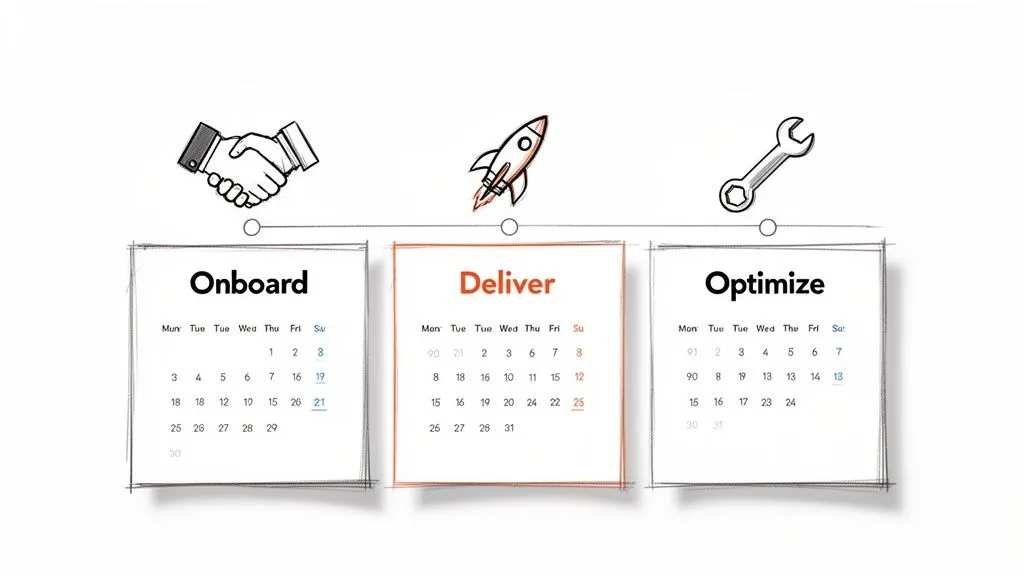 Three stages of a business workflow: Onboard, Deliver, Optimize, each with an icon and calendar.