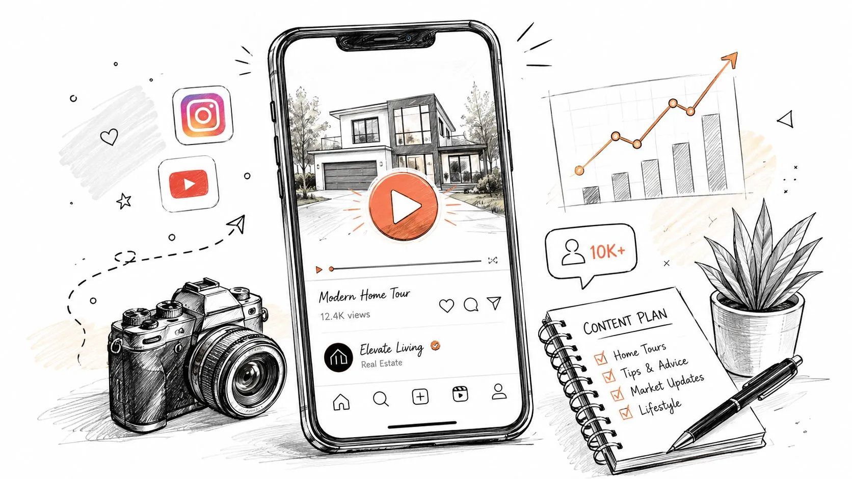 A digital illustration showing a smartphone displaying a real estate home tour video with social media tools.