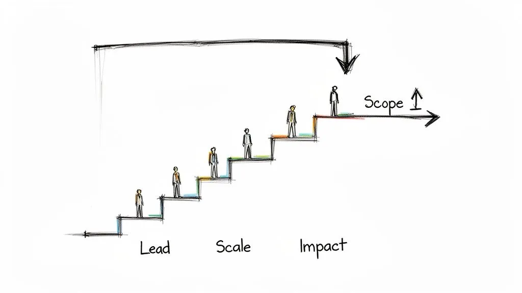 Illustration of people climbing steps, representing career progression through Lead, Scale, and Impact with increasing scope.