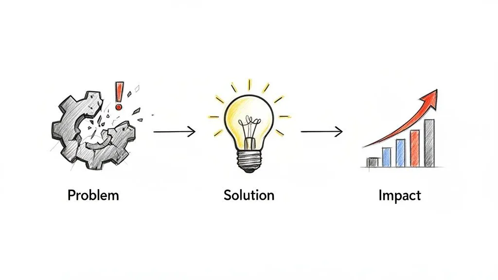 Diagram illustrating problem (broken gear), solution (light bulb), and positive impact (upward trending bar chart).