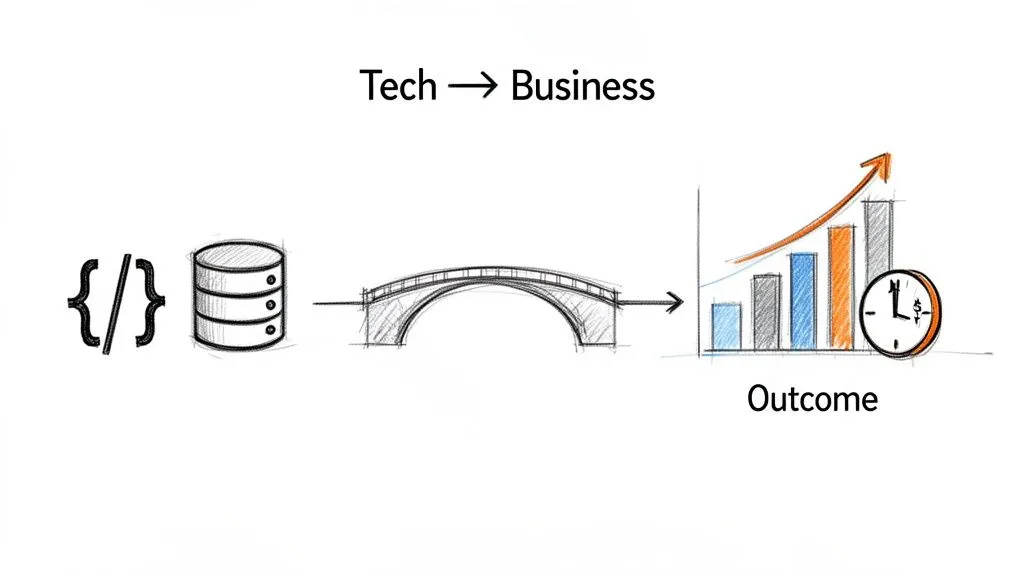 Diagram illustrating how technology and data are bridged to achieve positive business outcomes and growth.