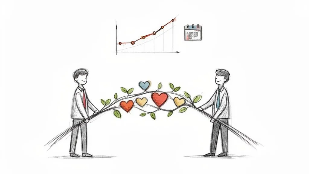 Hand-drawn illustration of two businessmen supporting a branch with hearts, symbolizing growth over time.