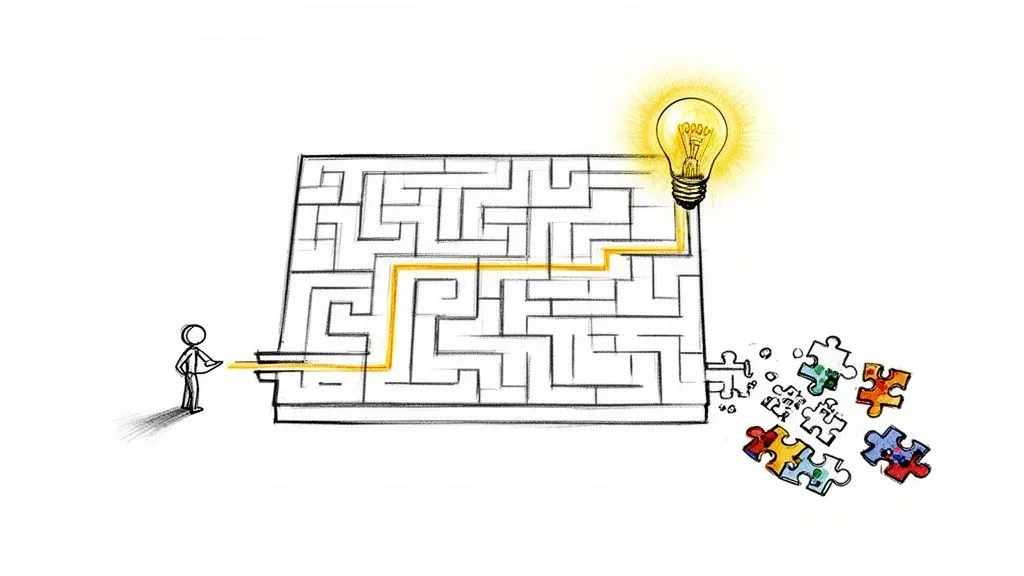 A stick figure solves a maze, finding a glowing light bulb representing a new idea.