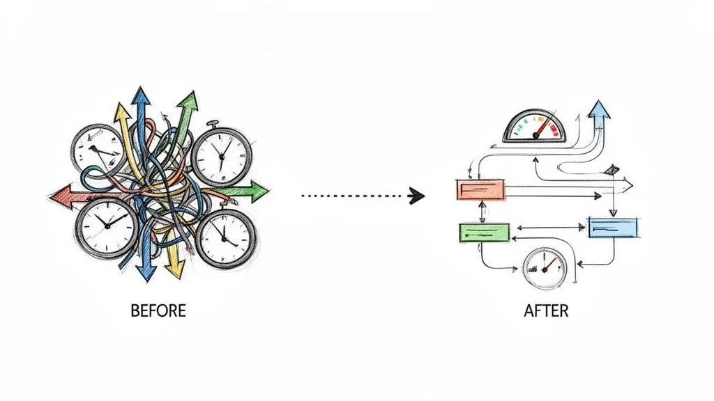 A chaotic tangle of clocks and arrows transforms into an organized, efficient system with a performance meter.