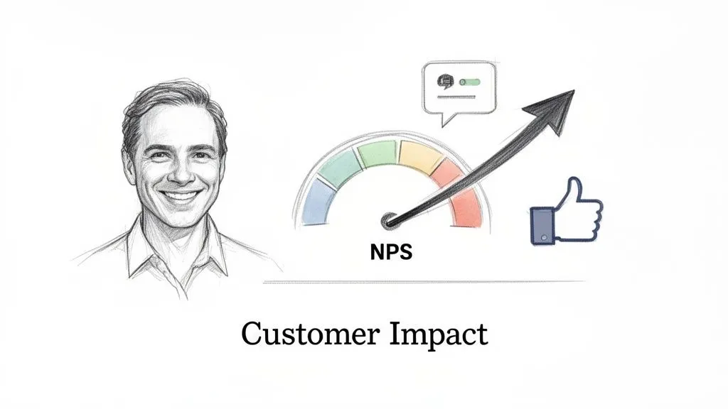A smiling man next to an NPS gauge showing high scores, an upward arrow, and a thumbs-up icon, representing positive customer impact.
