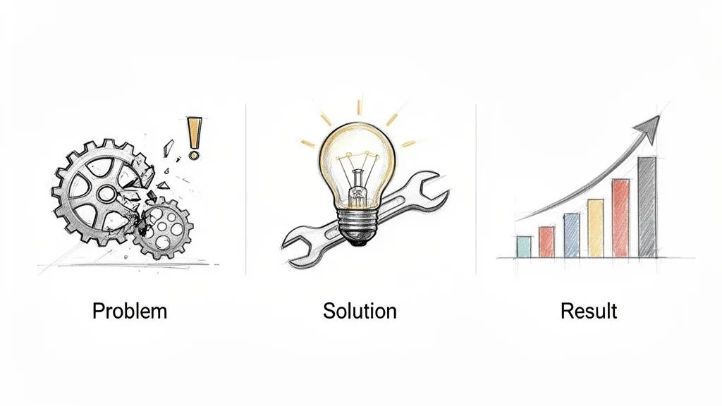 Illustrative sketch of problem-solving process: broken gears, light bulb idea, and upward growth graph.