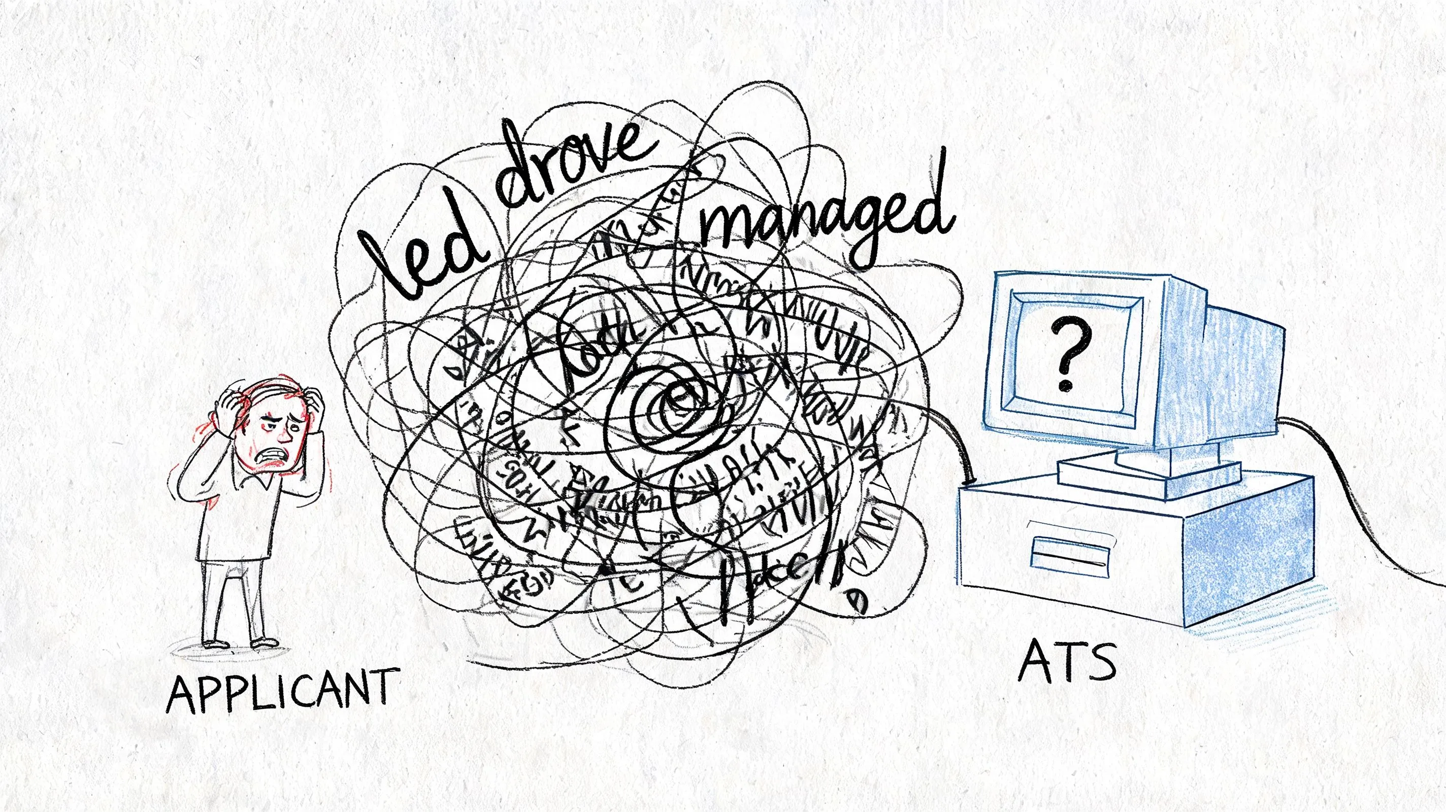 A frustrated job applicant struggles with complex resume keywords while an ATS computer interface looks confused.
