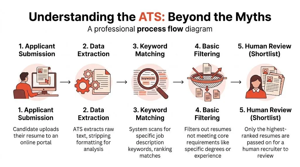 A flow diagram illustrating the five stages of an Applicant Tracking System recruitment process for resumes.