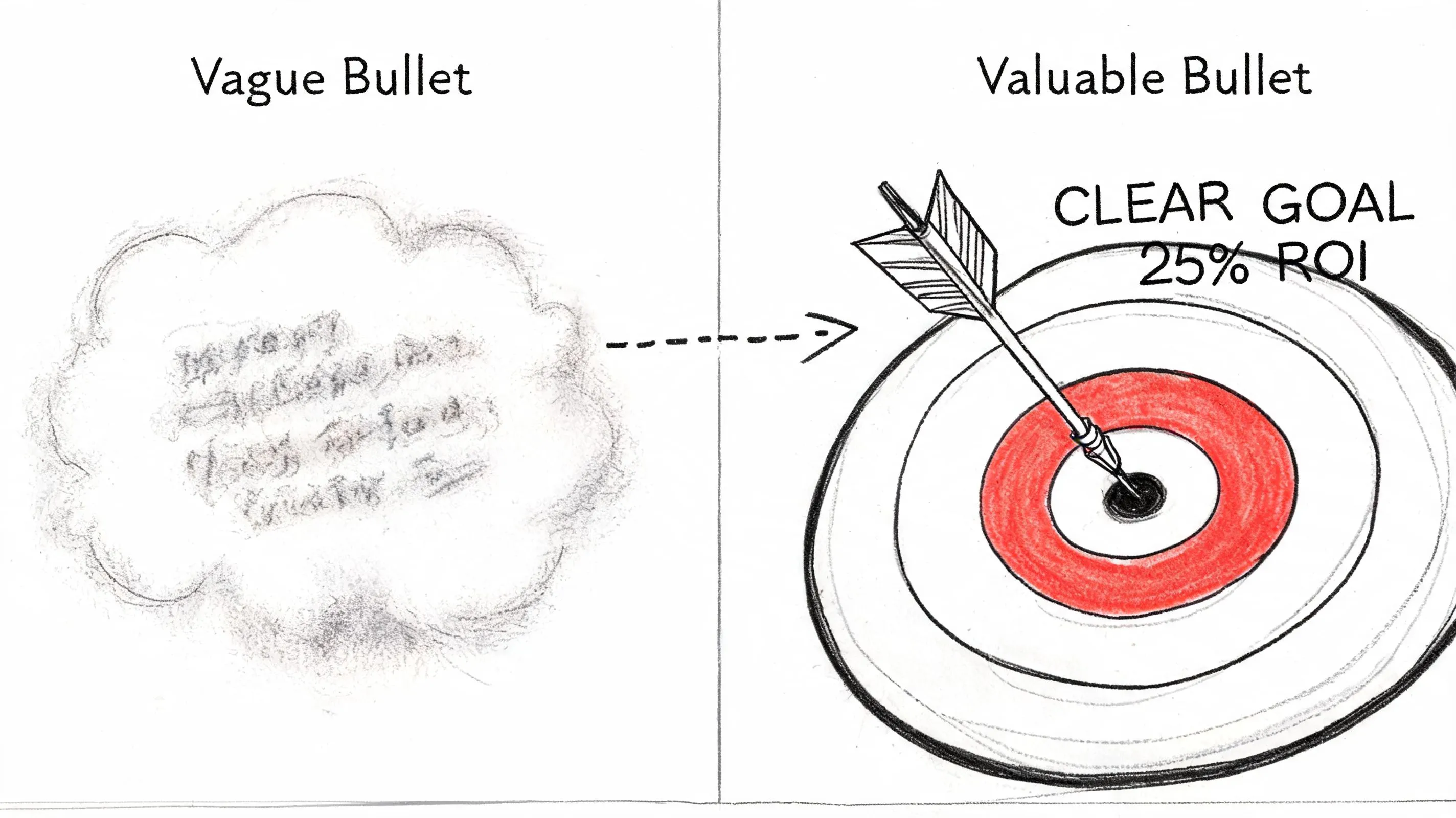 A hand-drawn illustration showing a blurry, vague cloud transforming into a clear arrow hitting a target.