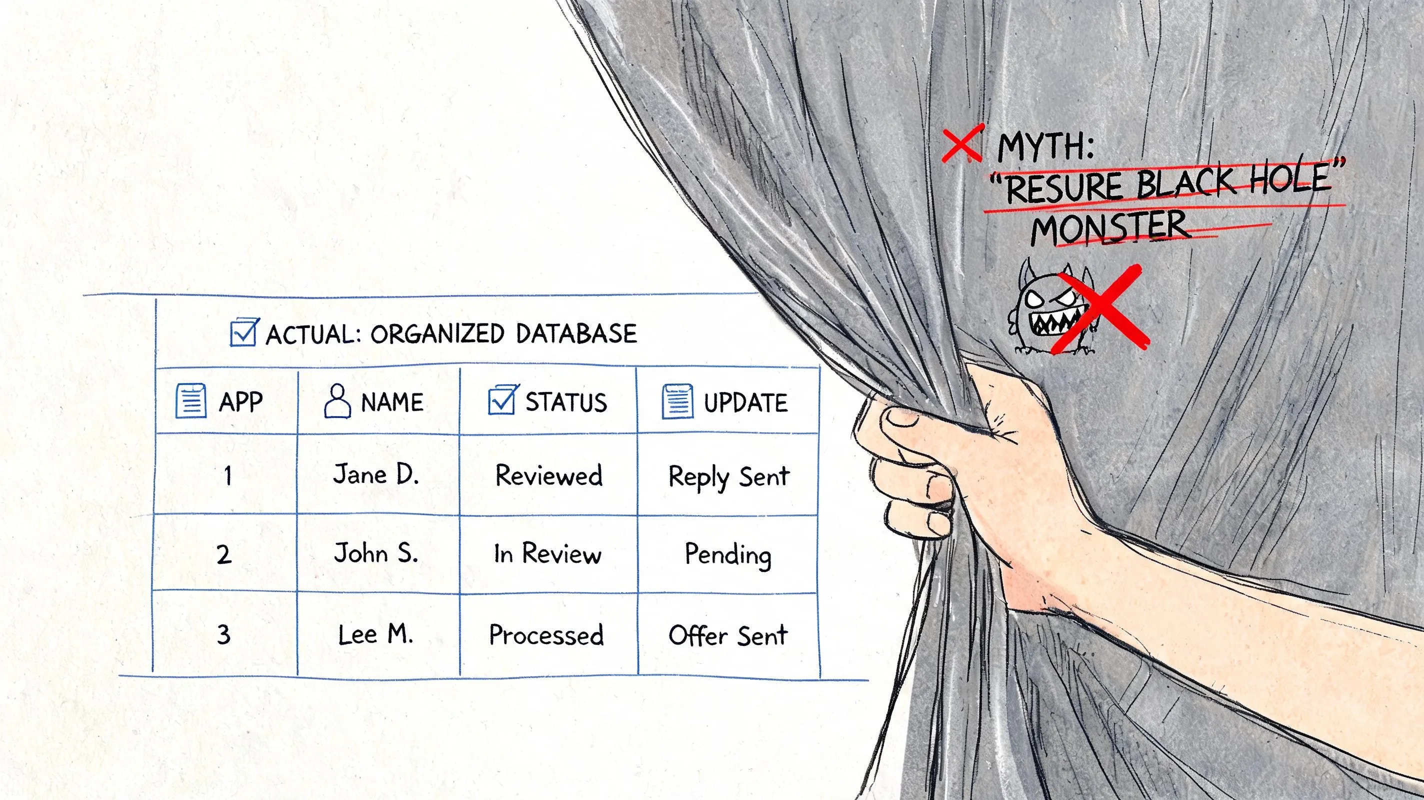 A hand pulling back a curtain to reveal an organized database of job applications, dispelling hiring myths.
