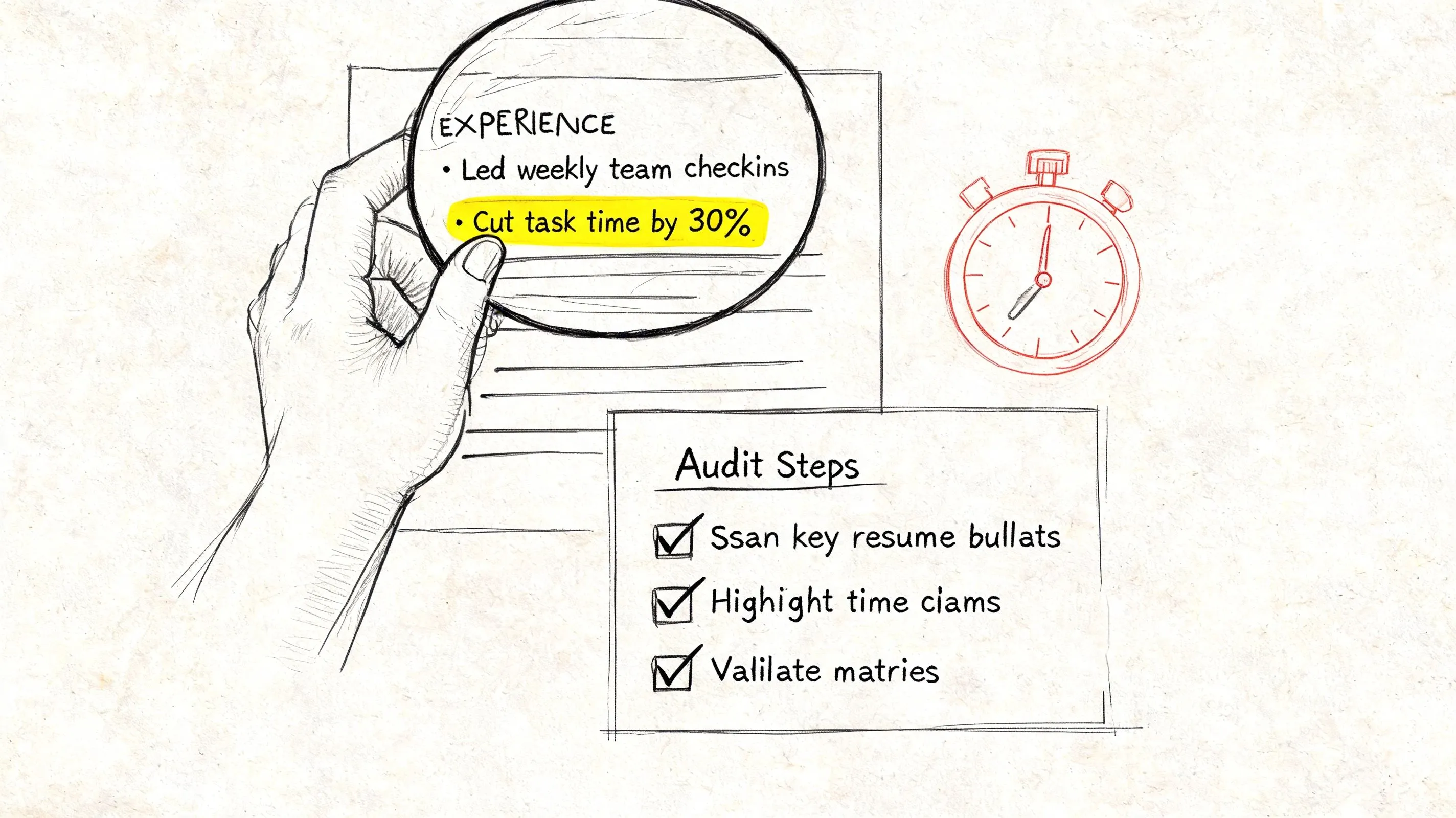 A hand holds a magnifying glass over a resume highlight showing a quantifiable work achievement metric.